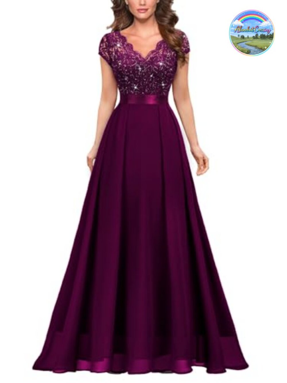 V-Neck Sequined Floral Lace Formal Evening Maxi Dress Cap Sleeve A-Line